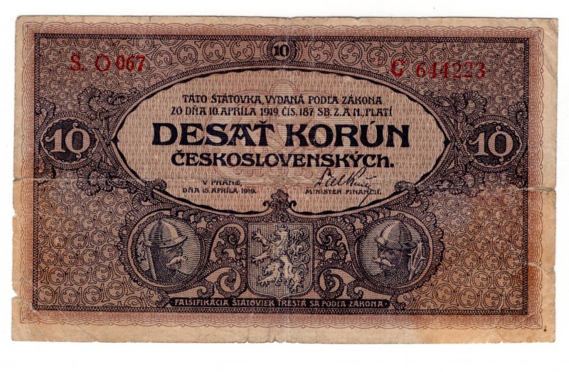 Czechoslovakia 10 Korun 1919 Ser. O
P# 10a; VG/F