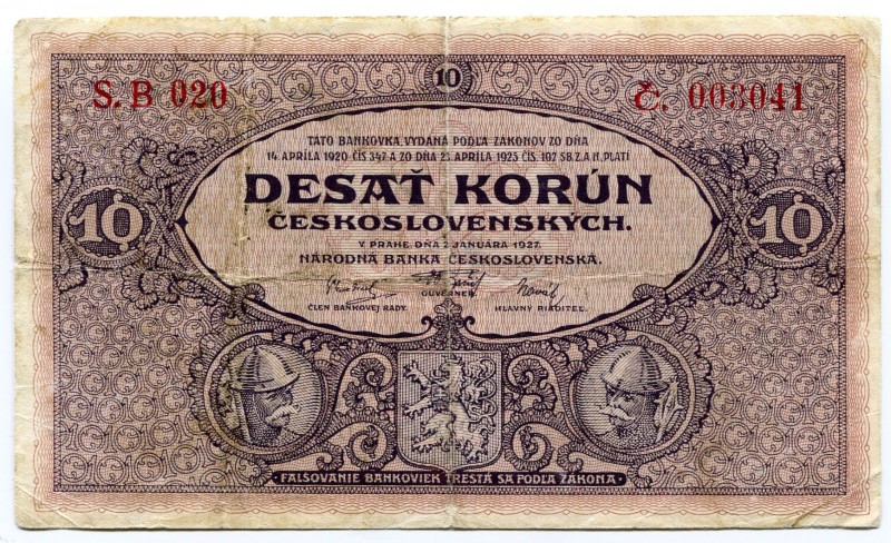 Czechoslovakia 10 Korun 1927
P# 20; VF.