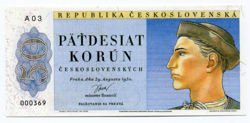 Czechoslovakia 50 Korun 1950
Print Podle Vzoru Nevydané Státovky 50 Kčs 29.8.19...