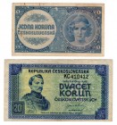 Czechoslovakia Lot of 2 Banknotes 1 & 20 Korun
P# 61a, 27; VF