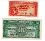 Czechoslovakia 5 & 10 Korun Lot of 2 Banknotes
P# 59s ,60a; UNC/aUNC