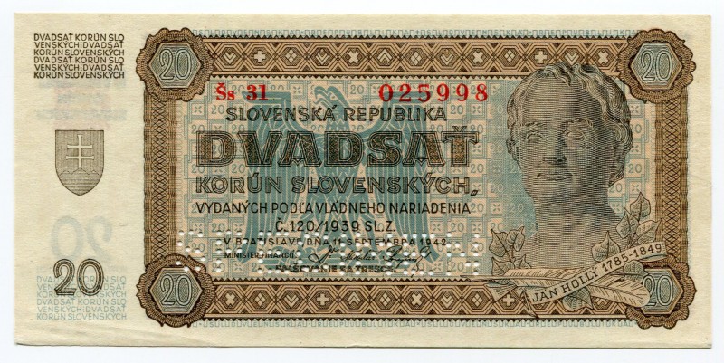 Slovakia 20 Korun 1939 Specimen
P# 7s; UNC.