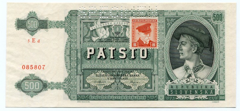 Slovakia 500 Korun 1941 Specimen
P# 12s; UNC.