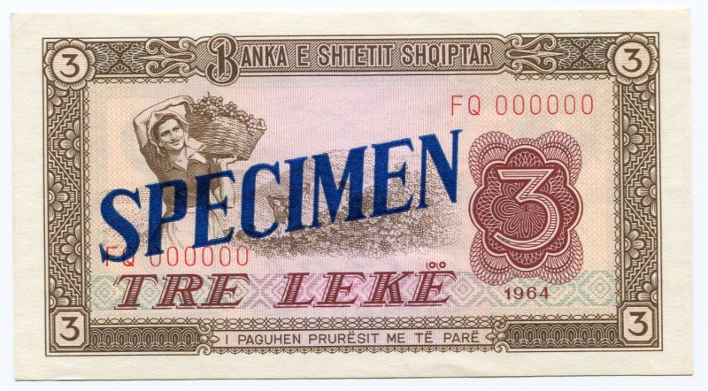 Albania 3 Leke 1964 Specimen FQ000000
P# 33s; UNC.