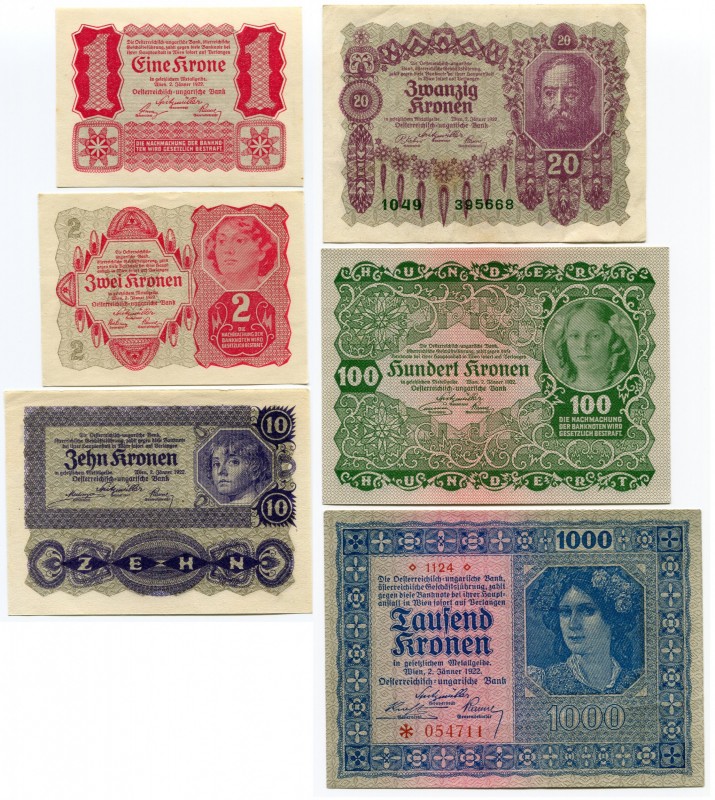 Austria 1-1000 Kronen (6 Pcs) Set 1922
UNC