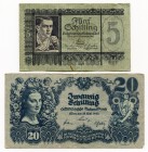 Austria 5 & 20 Shilling 1945
P# 121 & 116; VF