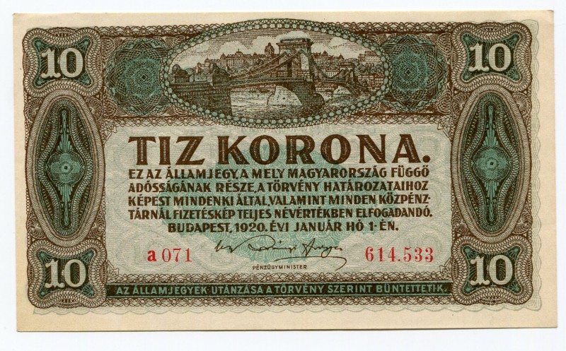 Hungary 10 Korona 1920
P# 60; UNC.
