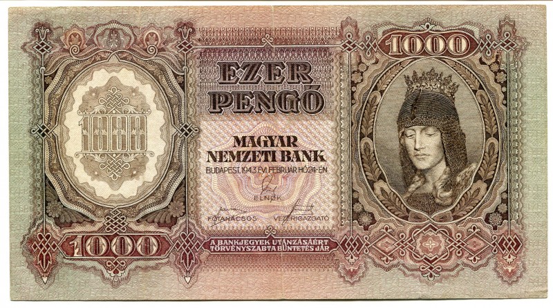 Hungary 1000 Pengo 1943
P# 116; GVF.