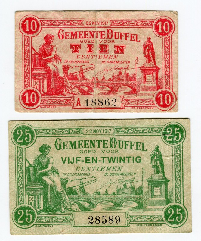 Belgium 10 & 25 Centiemen 1917 Duffel Lot of 2 Notes
VF/XF