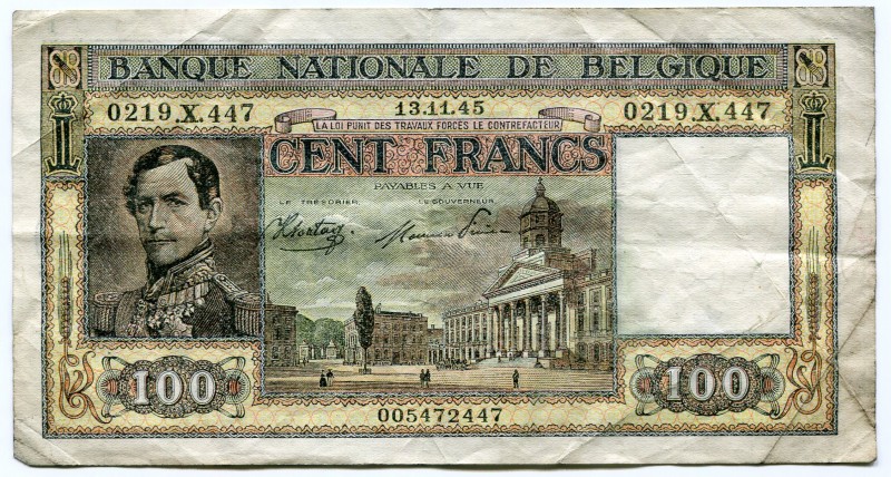 Belgium 100 Francs 1945
P# 126; VF.