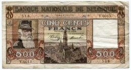 Belgium 500 Francs 1945 Rare
P# 127a; VF.