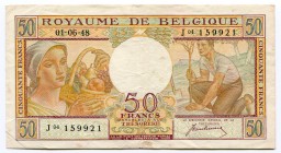 Belgium 50 Francs 1948
P# 133a; VF.