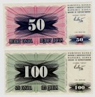 Bosnia and Herzegovina Lot of 2 Banknotes 50 & 100 Dinara 1992
P# 12a, 13a; UNC