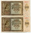 Croatia Lot of 2 Consecutive Banknotes 1941
1000 Kuna 1941; P# 4; # K 0863414-0863415; AUNC, Cispy in Hands