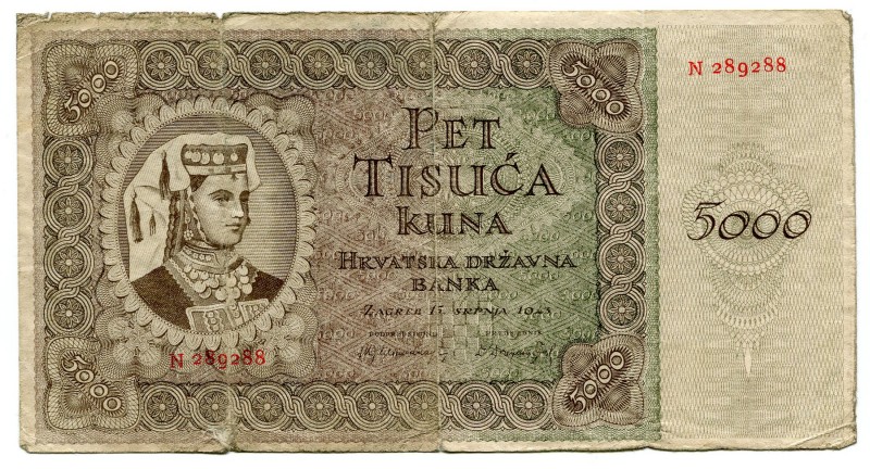 Croatia 5000 Kuna 1943
P# 14a; aVF.