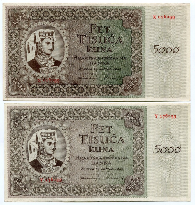 Croatia Nice Lot of 2 Banknotes 1943
5000 Kuna 1943; P# 14; Similar Numbers # X...