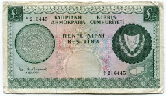 Cyprus 5 Pounds 1961 A1 FREFIX
P# 40a; VF.