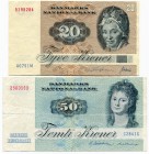 Denmark 20 & 50 Kroner 1979-1984
P# 49a-50f; VF