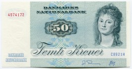 Denmark 50 Kroner 1992
P# 50j; aUNC (No Central Fold); "Mrs. Ryberg (by Jens Juel)"