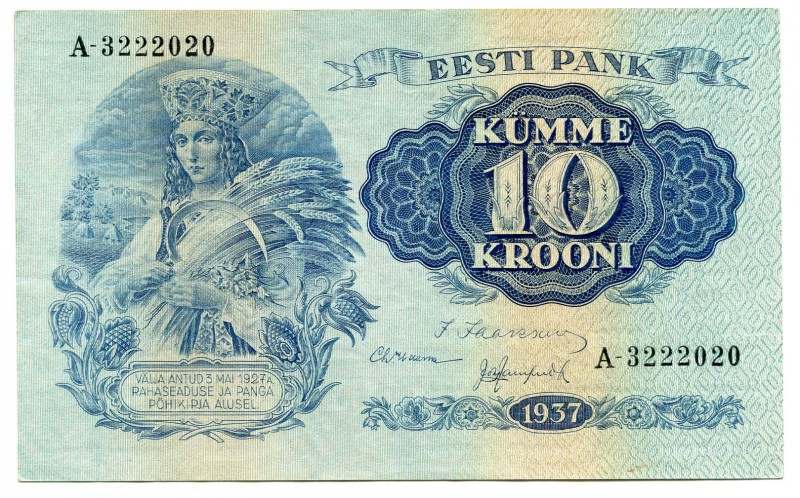 Estonia 10 Krooni 1937 A Prefix
P# 67a; AUNC .