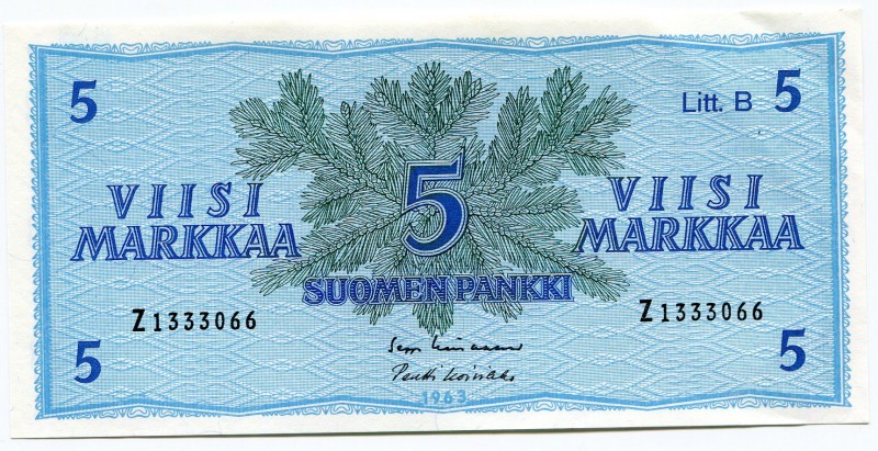 Finland 5 Mark 1963 Replacement
P# 99a; UNC.