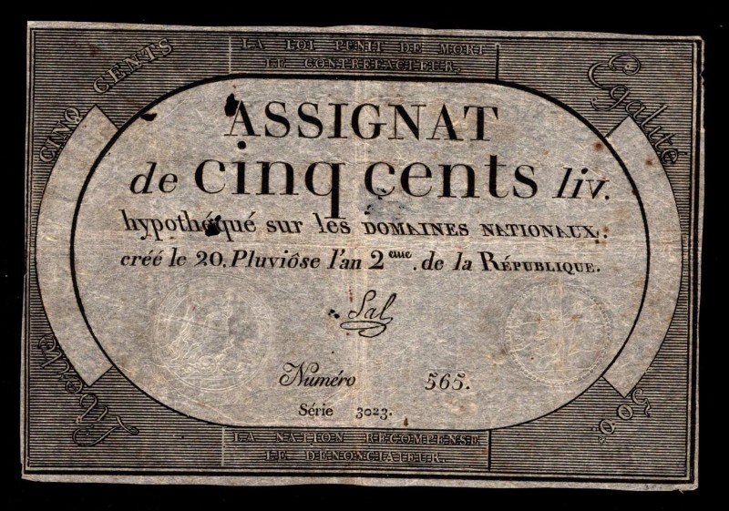 France Assignat 500 Livres 1794 Rare
P# A77; 565; F-VF.