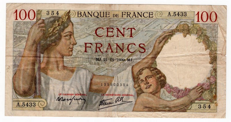 France 100 Francs 1939
P# 94; F