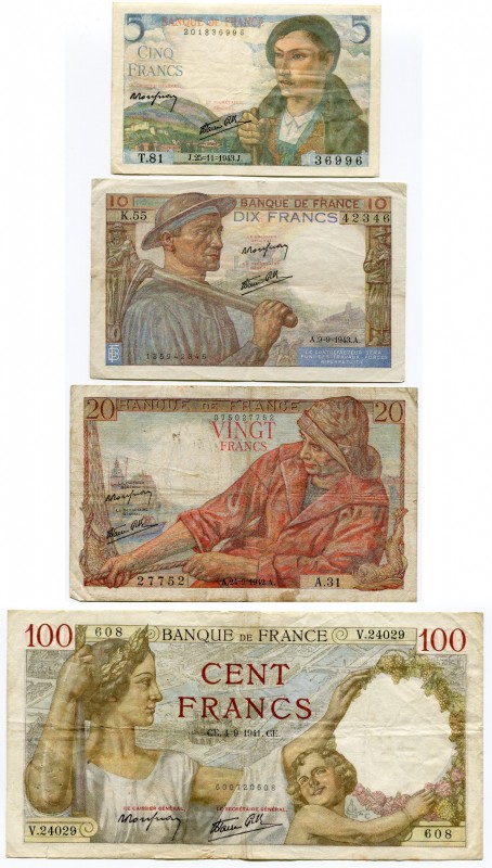 France 5-10-20-100 Francs 1941-1943
VF