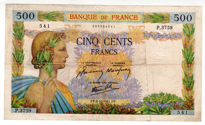 France 500 Francs 1941
P# 95b; VF