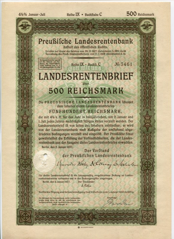 Germany 500 Reichsmark 1937
UNC; Original 4½ % Bond