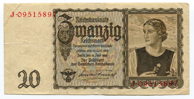 Germany 20 Reichsmark 1939
P# 185; VF.