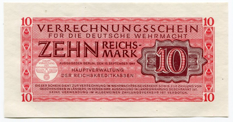 Germany 10 Reichsmark 1944 WEHRMACHT
P# M40; UNC.