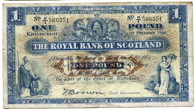 Scotland 1 Pound 1944 Royal Bank
P# 322a; aVF.