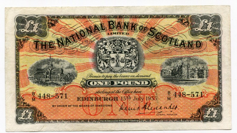 Scotland 1 Pound 1955 National Bank Of Scotland
P# 258c; GVF/XF.