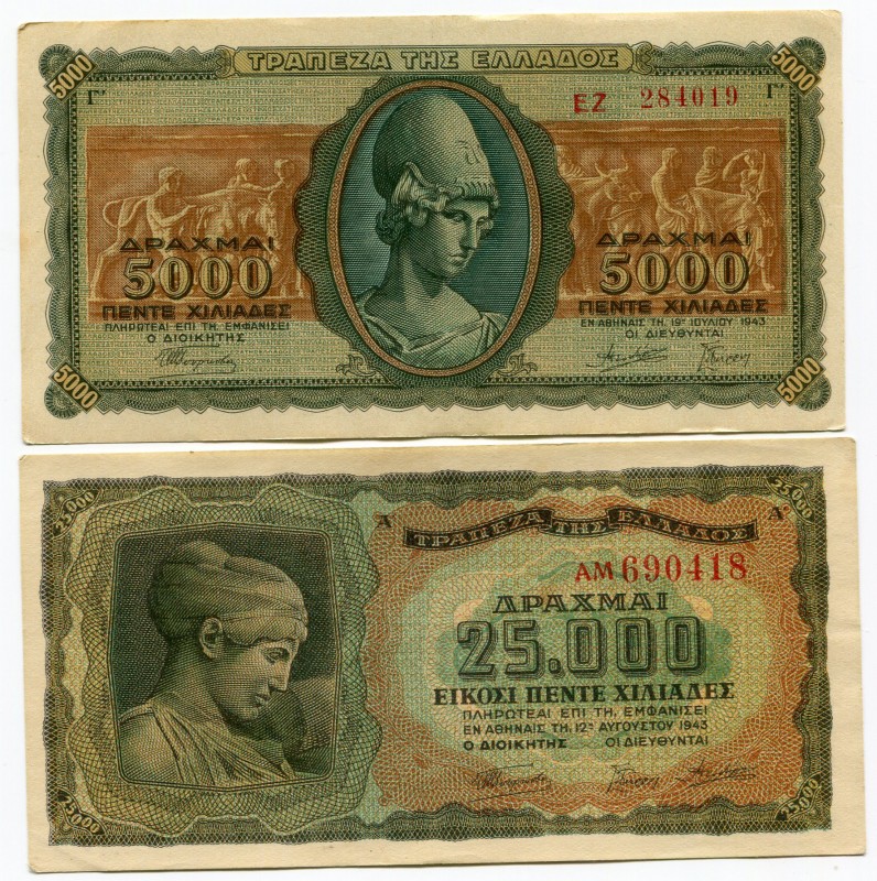 Greece 5000 & 25000 Drachmai 1943
P# 122-123; UNC