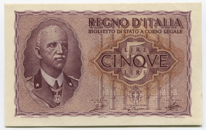 Italy 5 Lire 1940
P# 28; UNC; "King Vittorio Emanuele III"