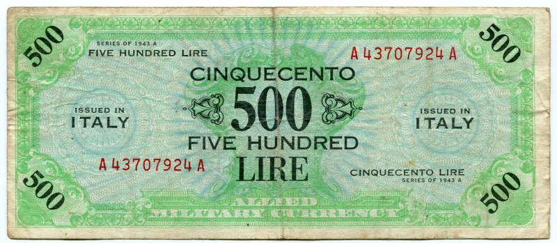 Italy 500 Lire 1943 Allied
P# M16; VF.