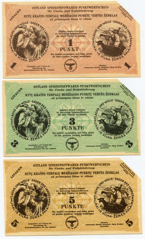 Lithuania Lot of 3 Banknotes 1943 German Occupation
1 Punkt - 3 - 5 Punkte 1943