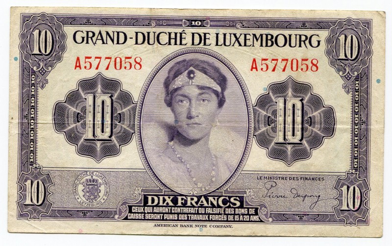 Luxembourg 10 Francs 1944
P# 44a; VF.