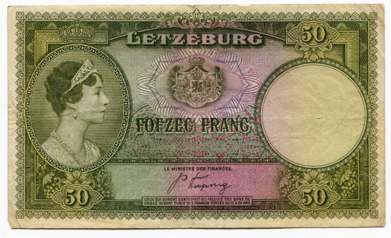 Luxembourg 50 Francs 1944
P# 46; VF.