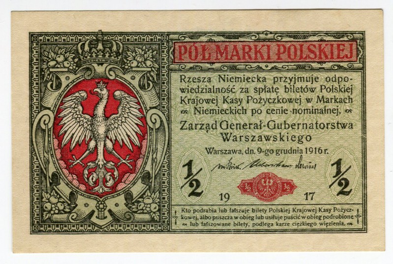 Poland 1/2 Marki 1916 Ser.B
P# 7; UNC