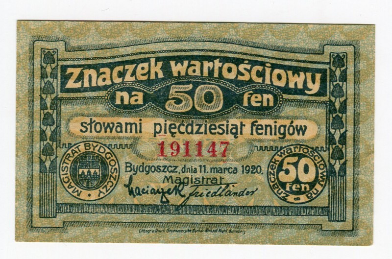 Poland Bydgoszcz Magistrat 50 Fenigow 1920 
UNC