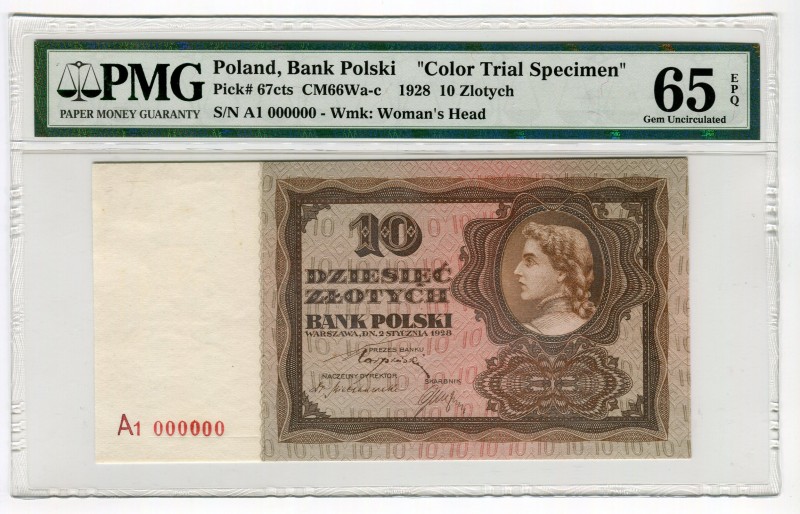 Poland 10 Zlotych 1928 PMG 65, Color Trial Brown/Brown
P# 67CT; UNC