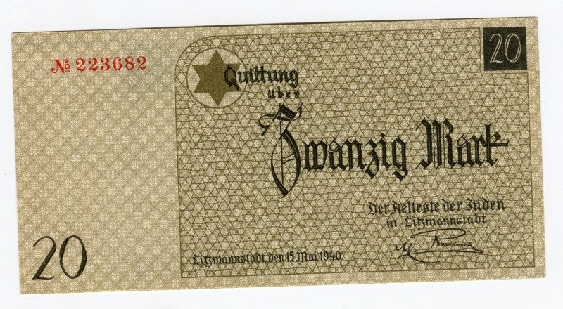 Poland Litzmannstadt Jewish Ghetto 20 Mark 1940 
R-27158a, Campb.-4206a1; UNC