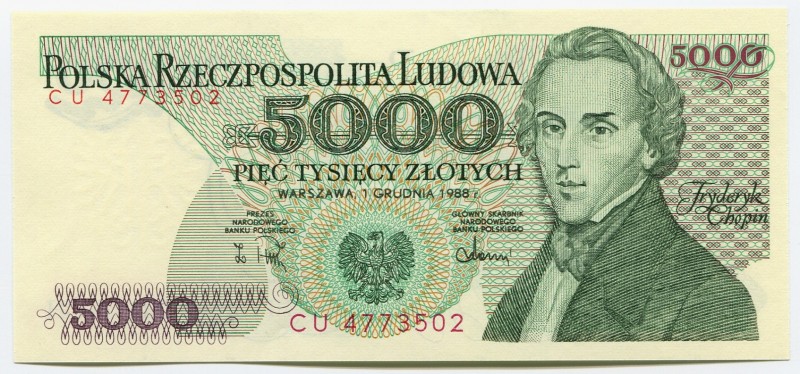 Poland 5000 Zlotych 1988
P# 150c; № CU 4773502; UNC; "Frédéric Chopin"