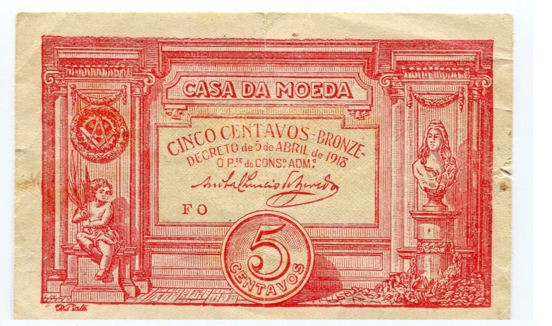 Portugal 5 Centavos 1918
P# 98; GVF.