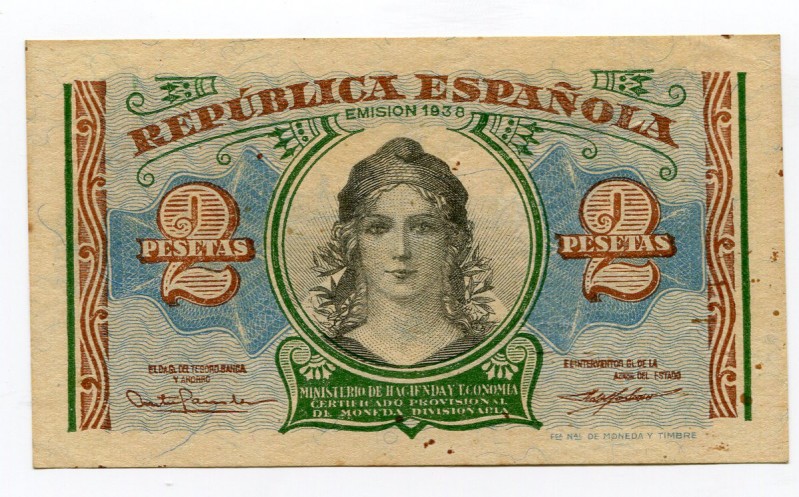 Spain 2 Pesetas 1938
P# 95; UNC.