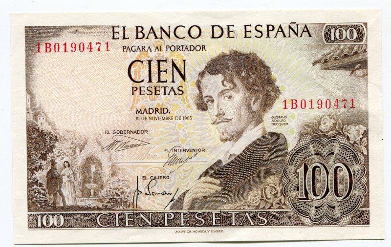 Spain 100 Pesetas 1965
P# 150; AUNC .