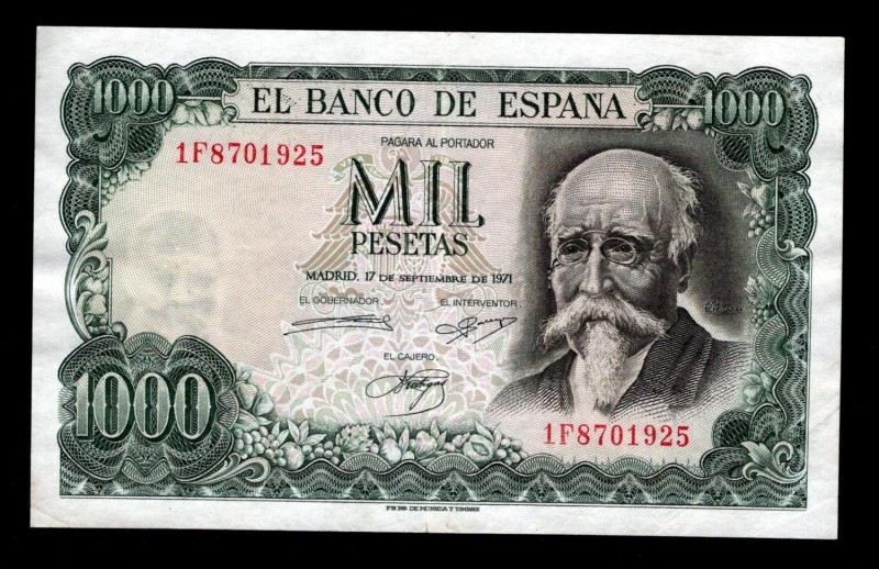 Spain 1000 Pesetas 1971
P# 154; 1F8701925; XF+.