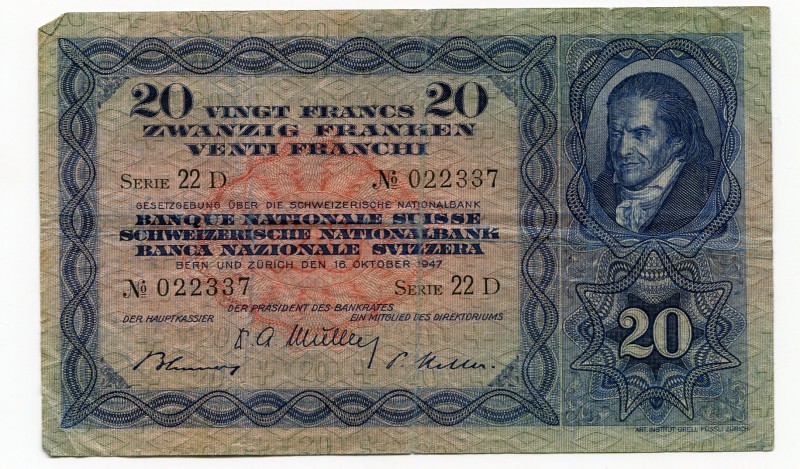 Switzerland 20 Francs 1947
P# 39p; VF.